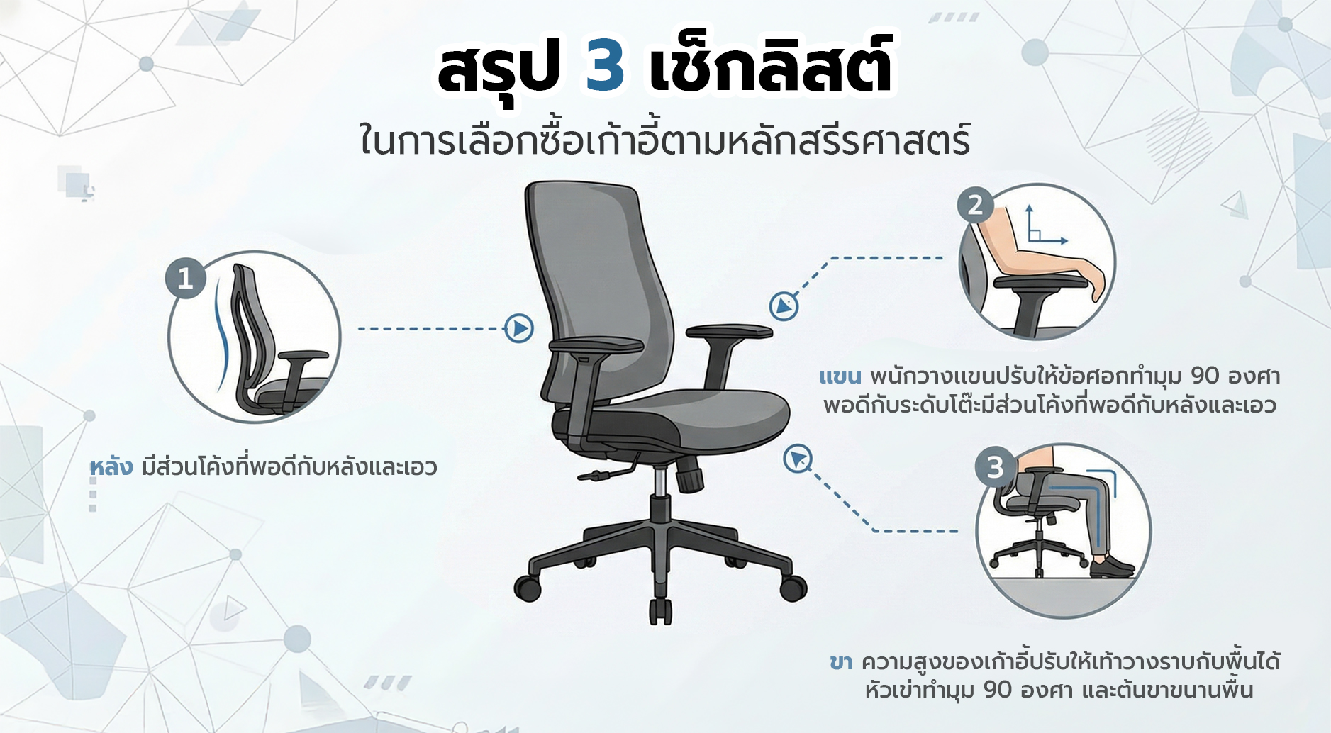 วิธีเลือกเก้าอี้ทำงาน ให้ถูกหลักสรีรศาสตร์ เช็กระยะพนักพิง ที่วางแขน และความสูงเบาะ